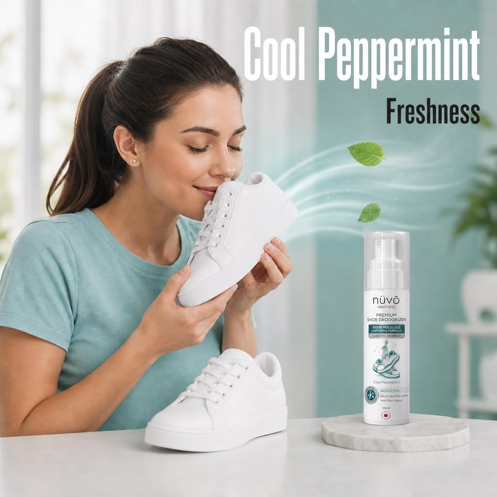 Travel size shoe deodorizer spray with cool peppermint scent